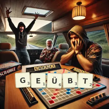 Kreative Illustration für ein Scrabble-Spiel, bei dem das Wort GEÜBT mit Steinen auf dem Brett gelegt wurde.