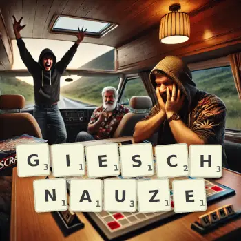 Kreative Illustration für ein Scrabble-Spiel, bei dem das Wort GIESCHNAUZE mit Steinen auf dem Brett gelegt wurde.