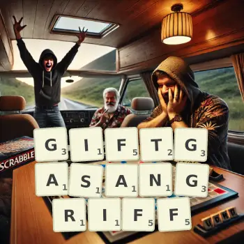 Kreative Illustration für ein Scrabble-Spiel, bei dem das Wort GIFTGASANGRIFF mit Steinen auf dem Brett gelegt wurde.