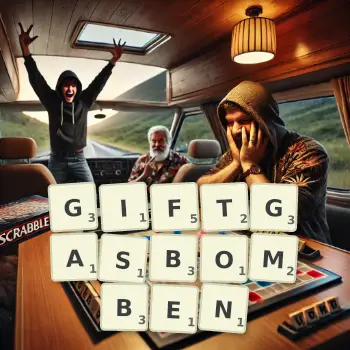 Kreative Illustration für ein Scrabble-Spiel, bei dem das Wort GIFTGASBOMBEN mit Steinen auf dem Brett gelegt wurde.