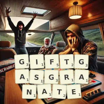 Kreative Illustration für ein Scrabble-Spiel, bei dem das Wort GIFTGASGRANATE mit Steinen auf dem Brett gelegt wurde.