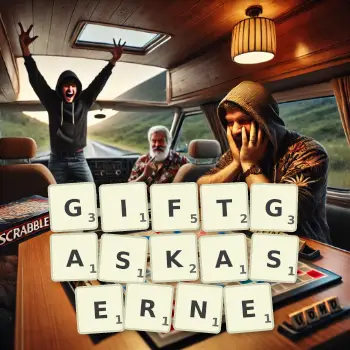 Kreative Illustration für ein Scrabble-Spiel, bei dem das Wort GIFTGASKASERNE mit Steinen auf dem Brett gelegt wurde.
