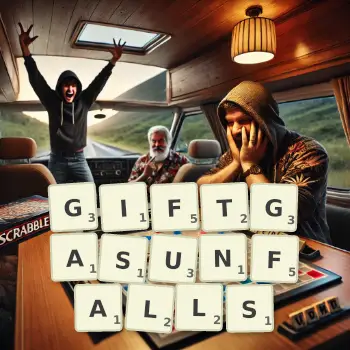 Kreative Illustration für ein Scrabble-Spiel, bei dem das Wort GIFTGASUNFALLS mit Steinen auf dem Brett gelegt wurde.