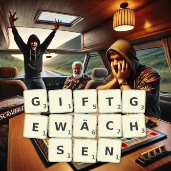 Kreative Illustration für ein Scrabble-Spiel, bei dem das Wort GIFTGEWÄCHSEN mit Steinen auf dem Brett gelegt wurde.