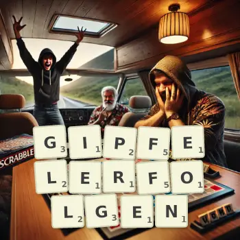 Kreative Illustration für ein Scrabble-Spiel, bei dem das Wort GIPFELERFOLGEN mit Steinen auf dem Brett gelegt wurde.