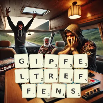Kreative Illustration für ein Scrabble-Spiel, bei dem das Wort GIPFELTREFFENS mit Steinen auf dem Brett gelegt wurde.