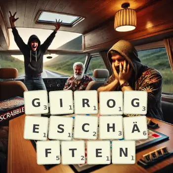 Kreative Illustration für ein Scrabble-Spiel, bei dem das Wort GIROGESCHÄFTEN mit Steinen auf dem Brett gelegt wurde.