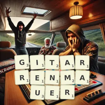 Kreative Illustration für ein Scrabble-Spiel, bei dem das Wort GITARRENMAUER mit Steinen auf dem Brett gelegt wurde.