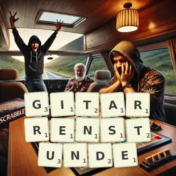 Kreative Illustration für ein Scrabble-Spiel, bei dem das Wort GITARRENSTUNDE mit Steinen auf dem Brett gelegt wurde.