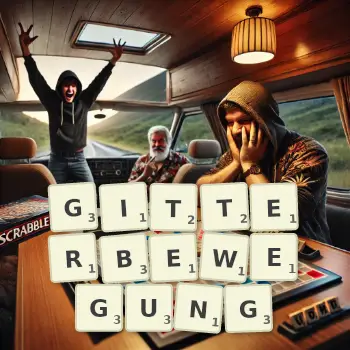 Kreative Illustration für ein Scrabble-Spiel, bei dem das Wort GITTERBEWEGUNG mit Steinen auf dem Brett gelegt wurde.