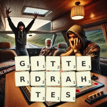 Kreative Illustration für ein Scrabble-Spiel, bei dem das Wort GITTERDRAHTES mit Steinen auf dem Brett gelegt wurde.