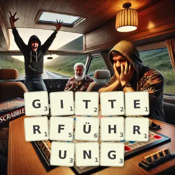 Kreative Illustration für ein Scrabble-Spiel, bei dem das Wort GITTERFÜHRUNG mit Steinen auf dem Brett gelegt wurde.