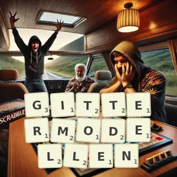 Kreative Illustration für ein Scrabble-Spiel, bei dem das Wort GITTERMODELLEN mit Steinen auf dem Brett gelegt wurde.