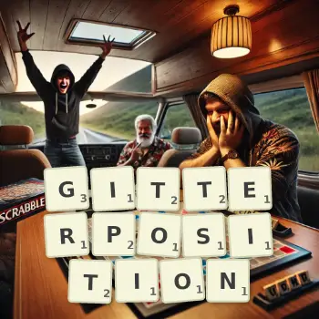 Kreative Illustration für ein Scrabble-Spiel, bei dem das Wort GITTERPOSITION mit Steinen auf dem Brett gelegt wurde.