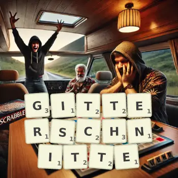 Kreative Illustration für ein Scrabble-Spiel, bei dem das Wort GITTERSCHNITTE mit Steinen auf dem Brett gelegt wurde.