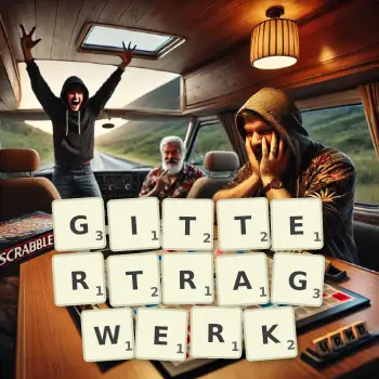 Kreative Illustration für ein Scrabble-Spiel, bei dem das Wort GITTERTRAGWERK mit Steinen auf dem Brett gelegt wurde.