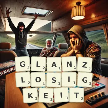 Kreative Illustration für ein Scrabble-Spiel, bei dem das Wort GLANZLOSIGKEIT mit Steinen auf dem Brett gelegt wurde.
