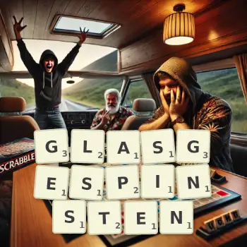 Kreative Illustration für ein Scrabble-Spiel, bei dem das Wort GLASGESPINSTEN mit Steinen auf dem Brett gelegt wurde.