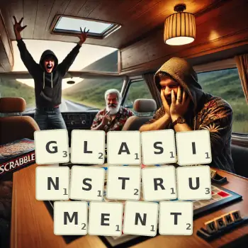 Kreative Illustration für ein Scrabble-Spiel, bei dem das Wort GLASINSTRUMENT mit Steinen auf dem Brett gelegt wurde.