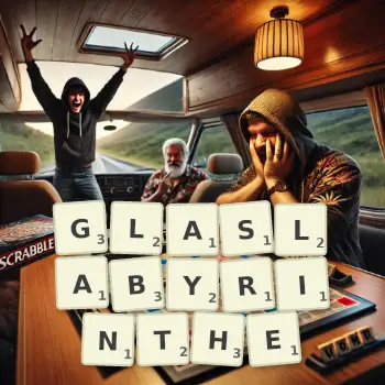 Kreative Illustration für ein Scrabble-Spiel, bei dem das Wort GLASLABYRINTHE mit Steinen auf dem Brett gelegt wurde.