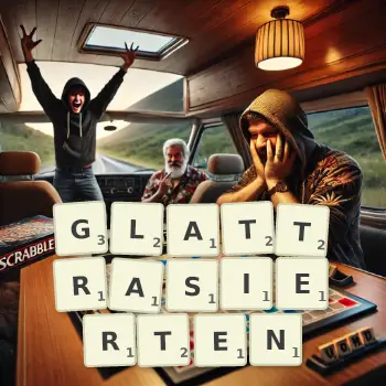 Kreative Illustration für ein Scrabble-Spiel, bei dem das Wort GLATTRASIERTEN mit Steinen auf dem Brett gelegt wurde.