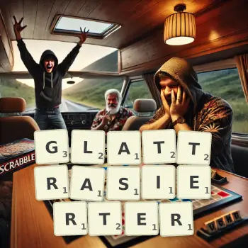 Kreative Illustration für ein Scrabble-Spiel, bei dem das Wort GLATTRASIERTER mit Steinen auf dem Brett gelegt wurde.