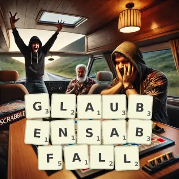 Kreative Illustration für ein Scrabble-Spiel, bei dem das Wort GLAUBENSABFALL mit Steinen auf dem Brett gelegt wurde.