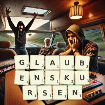 Kreative Illustration für ein Scrabble-Spiel, bei dem das Wort GLAUBENSKURSEN mit Steinen auf dem Brett gelegt wurde.
