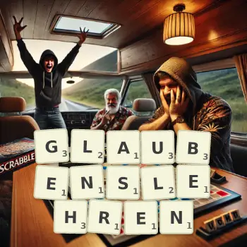 Kreative Illustration für ein Scrabble-Spiel, bei dem das Wort GLAUBENSLEHREN mit Steinen auf dem Brett gelegt wurde.