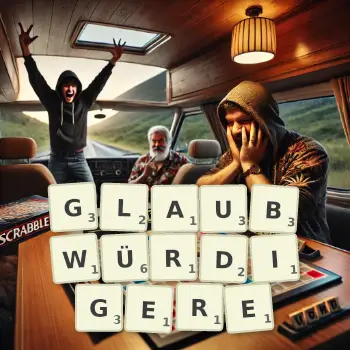Kreative Illustration für ein Scrabble-Spiel, bei dem das Wort GLAUBWÜRDIGERE mit Steinen auf dem Brett gelegt wurde.
