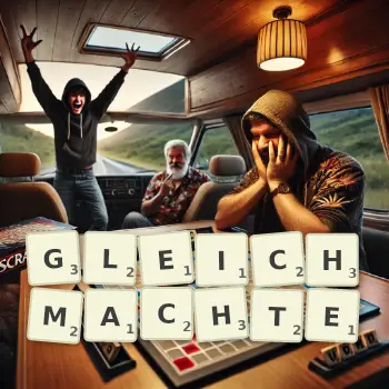 Kreative Illustration für ein Scrabble-Spiel, bei dem das Wort GLEICHMACHTE mit Steinen auf dem Brett gelegt wurde.