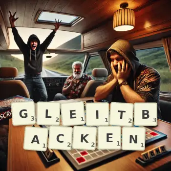 Kreative Illustration für ein Scrabble-Spiel, bei dem das Wort GLEITBACKEN mit Steinen auf dem Brett gelegt wurde.