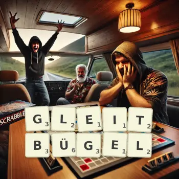 Kreative Illustration für ein Scrabble-Spiel, bei dem das Wort GLEITBÜGEL mit Steinen auf dem Brett gelegt wurde.