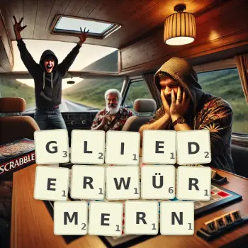 Kreative Illustration für ein Scrabble-Spiel, bei dem das Wort GLIEDERWÜRMERN mit Steinen auf dem Brett gelegt wurde.