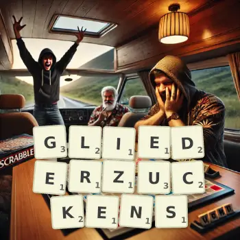 Kreative Illustration für ein Scrabble-Spiel, bei dem das Wort GLIEDERZUCKENS mit Steinen auf dem Brett gelegt wurde.