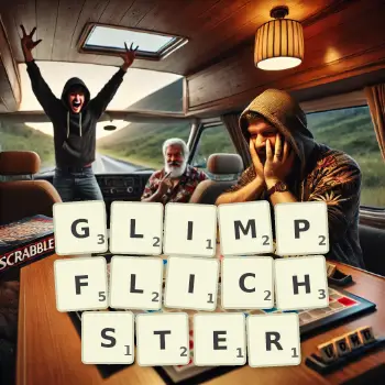 Kreative Illustration für ein Scrabble-Spiel, bei dem das Wort GLIMPFLICHSTER mit Steinen auf dem Brett gelegt wurde.