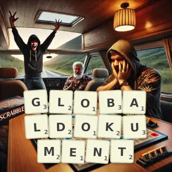 Kreative Illustration für ein Scrabble-Spiel, bei dem das Wort GLOBALDOKUMENT mit Steinen auf dem Brett gelegt wurde.