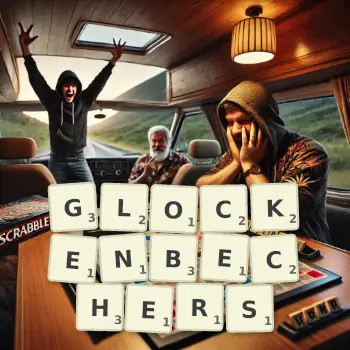 Kreative Illustration für ein Scrabble-Spiel, bei dem das Wort GLOCKENBECHERS mit Steinen auf dem Brett gelegt wurde.