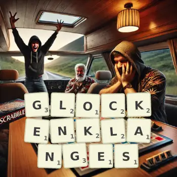 Kreative Illustration für ein Scrabble-Spiel, bei dem das Wort GLOCKENKLANGES mit Steinen auf dem Brett gelegt wurde.