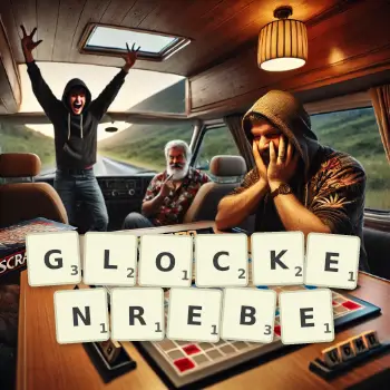 Kreative Illustration für ein Scrabble-Spiel, bei dem das Wort GLOCKENREBE mit Steinen auf dem Brett gelegt wurde.