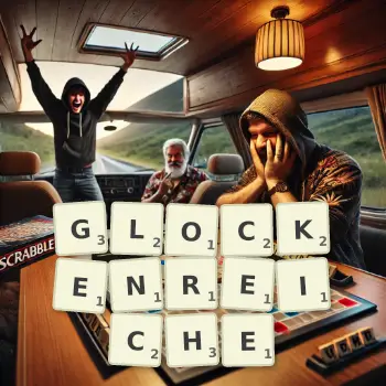Kreative Illustration für ein Scrabble-Spiel, bei dem das Wort GLOCKENREICHE mit Steinen auf dem Brett gelegt wurde.
