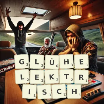 Kreative Illustration für ein Scrabble-Spiel, bei dem das Wort GLÜHELEKTRISCH mit Steinen auf dem Brett gelegt wurde.