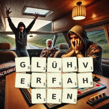 Kreative Illustration für ein Scrabble-Spiel, bei dem das Wort GLÜHVERFAHREN mit Steinen auf dem Brett gelegt wurde.