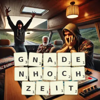 Kreative Illustration für ein Scrabble-Spiel, bei dem das Wort GNADENHOCHZEIT mit Steinen auf dem Brett gelegt wurde.