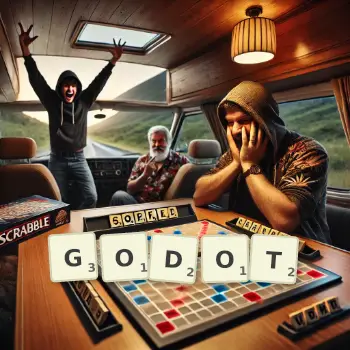Kreative Illustration für ein Scrabble-Spiel, bei dem das Wort GODOT mit Steinen auf dem Brett gelegt wurde.