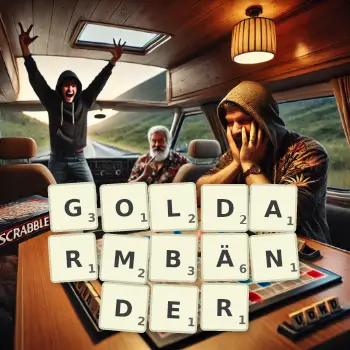 Kreative Illustration für ein Scrabble-Spiel, bei dem das Wort GOLDARMBÄNDER mit Steinen auf dem Brett gelegt wurde.