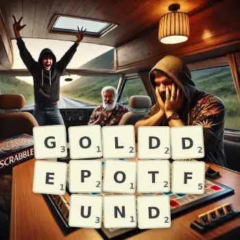 Kreative Illustration für ein Scrabble-Spiel, bei dem das Wort GOLDDEPOTFUND mit Steinen auf dem Brett gelegt wurde.