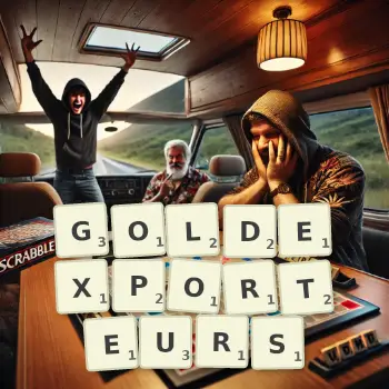 Kreative Illustration für ein Scrabble-Spiel, bei dem das Wort GOLDEXPORTEURS mit Steinen auf dem Brett gelegt wurde.