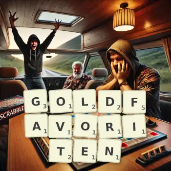 Kreative Illustration für ein Scrabble-Spiel, bei dem das Wort GOLDFAVORITEN mit Steinen auf dem Brett gelegt wurde.