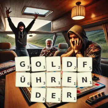 Kreative Illustration für ein Scrabble-Spiel, bei dem das Wort GOLDFÜHRENDER mit Steinen auf dem Brett gelegt wurde.